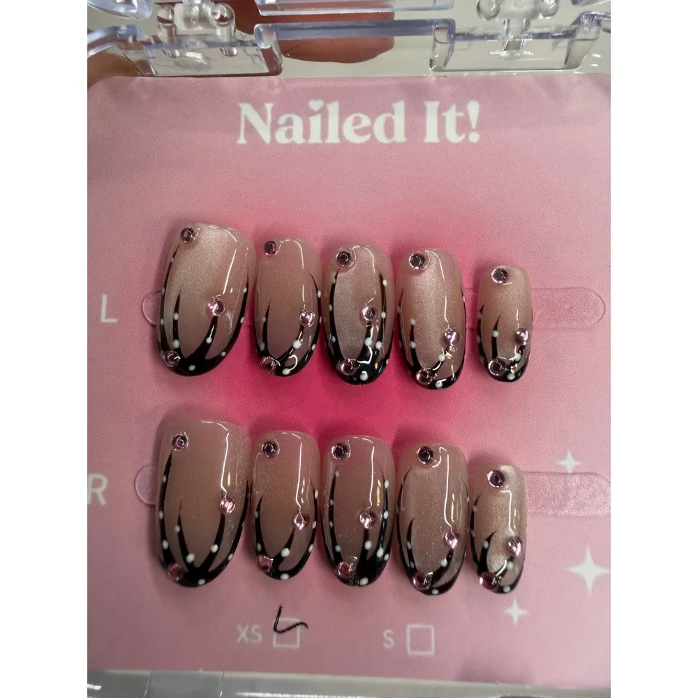 Nailed It! Press On Nails Size S Cat Eye Black French Tip Pink Rhinestone Almond